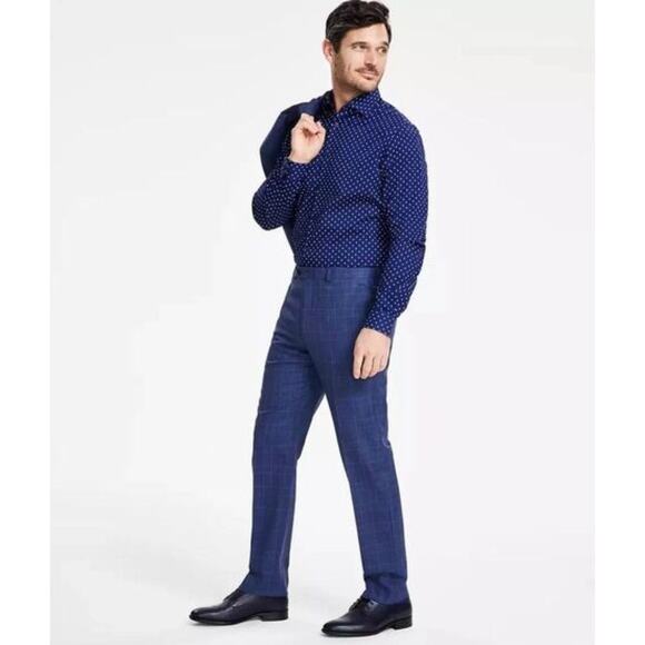NWT Michael Kors Malone Plaid Classic Fit Stretch Dress Pants, Blue, 38W x 34L - Picture 1 of 7